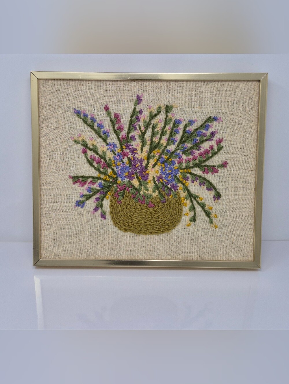 Vintage Embroidery Floral Bouquet In Gold Tone Frame